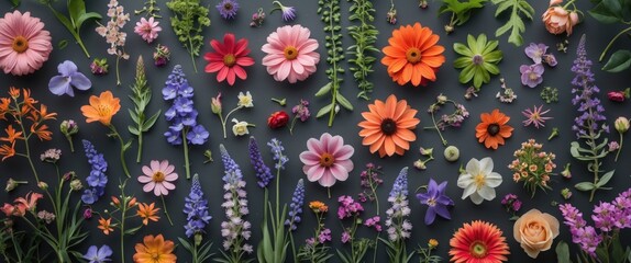 Poster - floral arrangement of assorted colorful flowers and leaves on dark background with ample copy space 