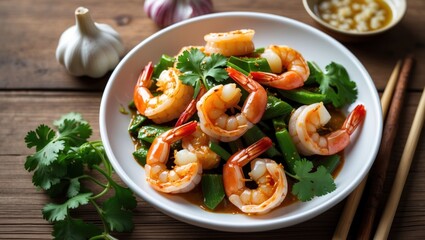 Aufkleber - Shrimp stir-fry with vegetables and herbs on a wooden table with garlic and chopsticks in the background Copy Space