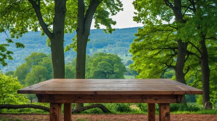 Poster - Wooden table in a green forest setting with trees and hills in the background Copy Space
