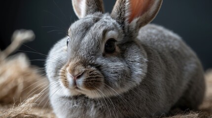 Poster - Close-up of a gray rabbit sitting on straw with dark background and sharp focus on its face and eyes Copy Space