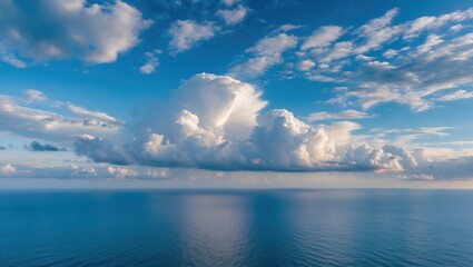 Poster - Vast blue ocean under a bright sky with fluffy clouds reflecting on the water surface peaceful landscape nature scene Copy Space