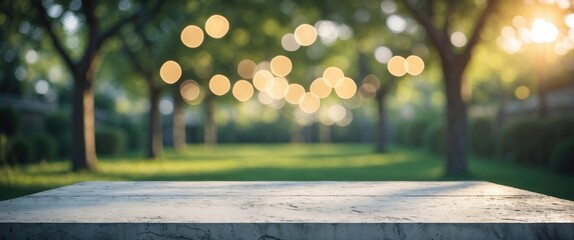 Poster - Outdoor garden setting with blurred string lights in background and stone table top, natural bokeh effect, Copy Space
