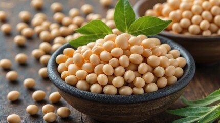Poster - Raw soybeans in wooden bowls with green leaves on rustic table background with scattered soybeans around, Copy Space