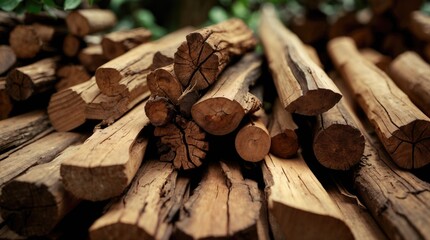 Aufkleber - Stacked logs showing a variety of wood textures and grains in a natural outdoor setting with blurred background and Copy Space.