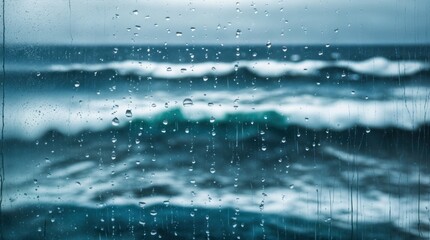 Poster - Rain droplets on a glass window with ocean waves in the background under cloudy skies Copy Space