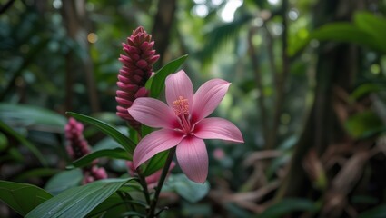 Poster - Pink orchid flower surrounded by green foliage in a lush tropical setting with blurred background natural light and depth of field Copy Space