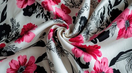 Aufkleber - Floral pattern fabric with pink and black flower designs on white background displaying smooth texture and intricate details Copy Space