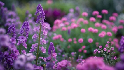 Poster - Colorful garden flowers in various shades of purple and pink with shallow depth of field and soft focus Copy Space