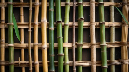 Poster - Bamboo shoots arranged in a decorative pattern on a woven surface with natural colors and textures Copy Space