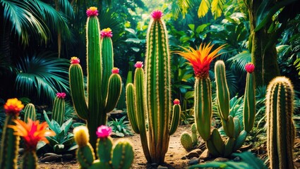 Poster - Colorful cacti with vibrant flowers in a lush tropical environment surrounded by green foliage and soft natural lighting Copy Space
