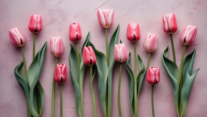 Poster - Bunch of pink tulips arranged on soft pink textured background with green leaves and ample space for text Copy Space