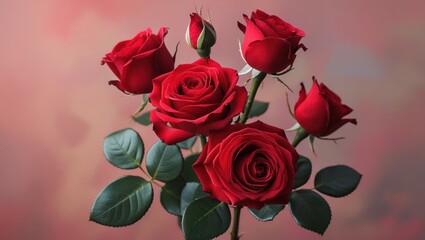 Poster - Red roses bouquet with leaves on blurred background showcasing petals and buds Copy Space