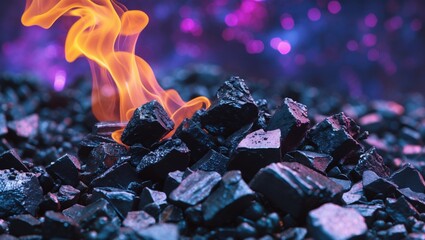 Poster - Burning coal with vibrant flames and colorful smoke in the background, showcasing a close-up of ignited coal pieces. Copy Space