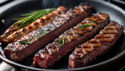 Poster - Grilled beef steak strips with herbs in frying pan high resolution Copy Space