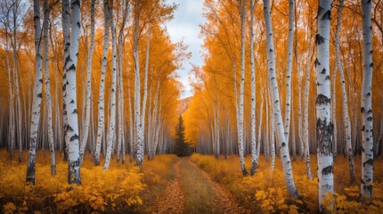 Poster - Autumn forest landscape with tall birch trees and vibrant orange foliage along a winding path Copy Space