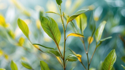 Aufkleber - Close-up of fresh green leaves with soft focus background, natural sunlight filtering through foliage, Copy Space