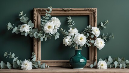 Poster - Elegant floral arrangement with white flowers and eucalyptus leaves in a green vase framed by vintage wooden frame on dark green background Copy Space