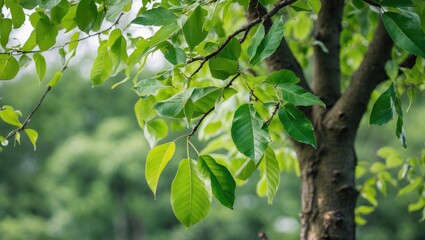 Poster - Green tree leaves on branches with a blurred background of greenery, ideal for nature themes, Copy Space available.