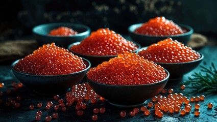 Poster - Bowls of vibrant orange fish roe arranged on a dark surface with scattered pearls and natural elements, ideal for culinary themes and design, Copy Space