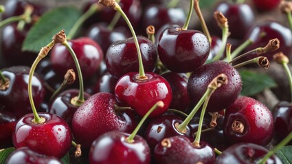 Aufkleber - Fresh and ripe dark red cherries with green leaves on wooden surface suitable for food photography with Copy Space