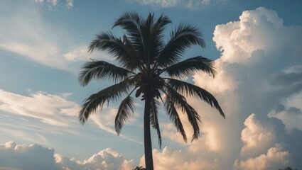 Poster - Silhouetted palm tree against dramatic clouds and blue sky during sunset with ample copy space for text insertion.