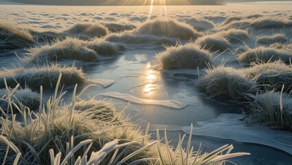 Leinwandbilder - Frost covered grass and frozen water during sunrise with ethereal light and reflections on a cold winter morning Copy Space