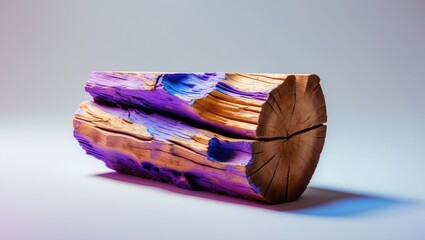 Poster - Colorful wooden log with textured surface showcasing vibrant hues of purple and blue isolated on plain background with Copy Space