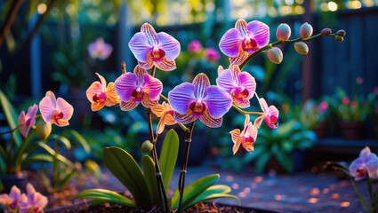 Poster - Vibrant purple orchid flowers in a garden setting with blurred background and natural sunlight Copy Space