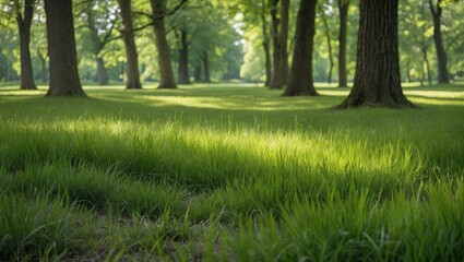 Poster - Lush green grass in a sunlit forest with tall trees creating a natural serene environment Copy Space