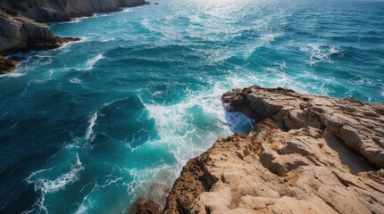 Poster - Coastal landscape with rocky shore and turquoise ocean waves crashing against rocks under bright sunlight Copy Space