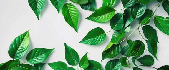 Poster - Green Leaves Arrangement on Light Background with Copy Space for Text