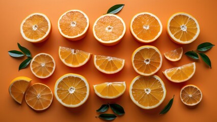 Poster - Freshly cut orange slices arranged artfully on a bright orange background with green leaves providing contrast and freshness Copy Space