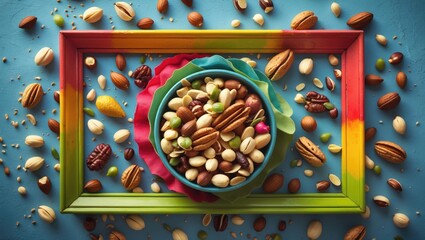 Aufkleber - Colorful arrangement of mixed nuts in decorative bowls on a vibrant blue background with nuts scattered around and ample Copy Space