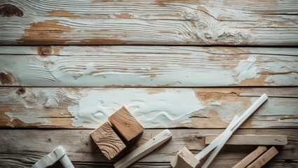 Aufkleber - Wooden surface with various wooden blocks and white paint smudge top view on rustic background Copy Space