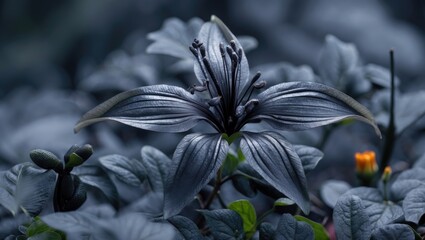 Poster - Dark foliage with unique flower in focus featuring smooth petal textures and contrasting green background with copy space.