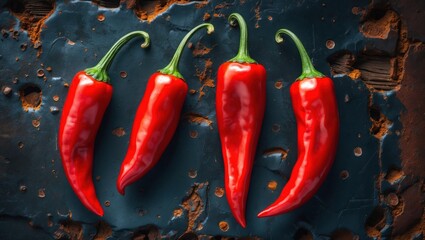 Poster - Fresh red chili peppers arranged on a textured blue and rusted surface with ample copy space for text