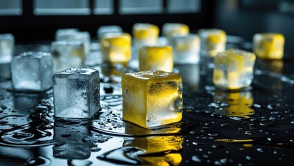Poster - Colorful ice cubes on a wet surface with reflections and droplets in a dimly lit environment Copy Space