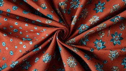 Poster - Floral patterned fabric with blue and white flowers on a rust orange background in a spiral arrangement with Copy Space