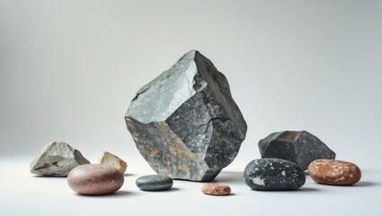 Leinwandbilder - Assorted natural stones and pebbles arranged on a light background with ample copy space for text placement.