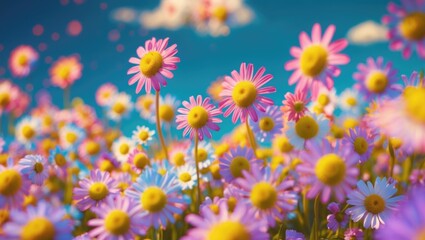 Poster - Colorful flower field with pink and white daisies under a bright blue sky with fluffy clouds Copy Space