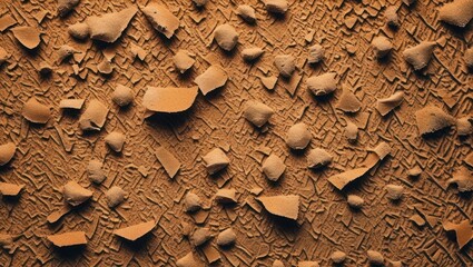 Aufkleber - Textured surface featuring a variety of brown and orange particles with fine details and irregular shapes on a flat background Copy Space