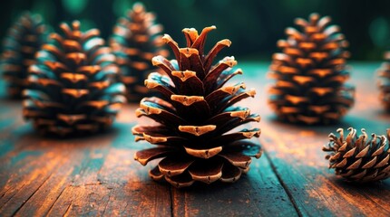 Aufkleber - Pine cones on weathered wooden surface with blurred background and natural lighting showcasing texture and detail Copy Space