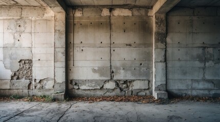 Aufkleber - Concrete wall with cracks and peeling paint in an abandoned building interior, featuring fallen leaves on the ground, Copy Space