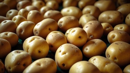 Poster - Close-up of freshly harvested potatoes arranged in a uniform pattern with natural lighting and texture details Copy Space