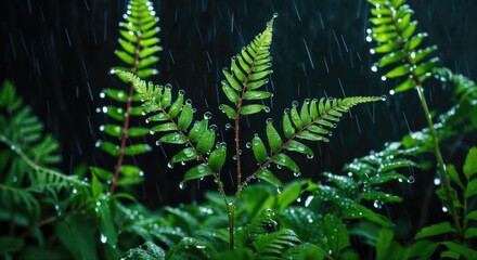 Aufkleber - Close-up of green fern leaves with water droplets during rainfall in dark environment with blurred background and Copy Space