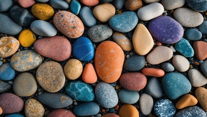 Poster - Colorful collection of smooth pebbles and stones arranged on a surface creating a natural textured background with Copy Space