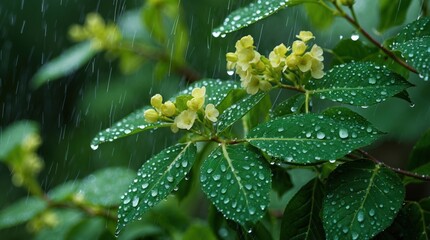 Aufkleber - Close-up view of green leaves and yellow flowers with raindrops on petals and foliage in a natural setting with soft background bokeh Copy Space