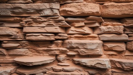 Poster - Textured layers of beige and orange sandstone rocks forming a natural wall background with potential Copy Space.