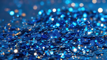 Aufkleber - Blue glitter in various shapes scattered on a surface with bokeh background effects and selective focus, ideal for festive themes and designs.