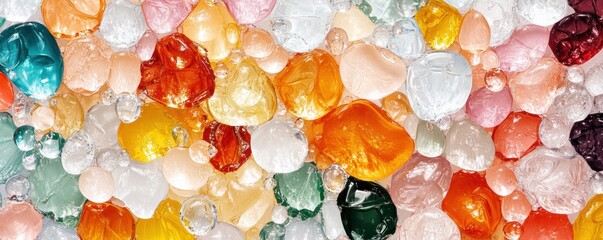 Aufkleber - Colorful Abstract Background of Crystalized Glass Gems, Pebbles, and Water Droplets in Various Bright Colors and Shapes